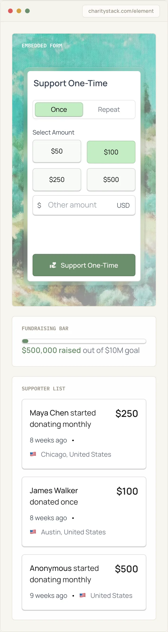 Web Elements in CharityStack, on a phone