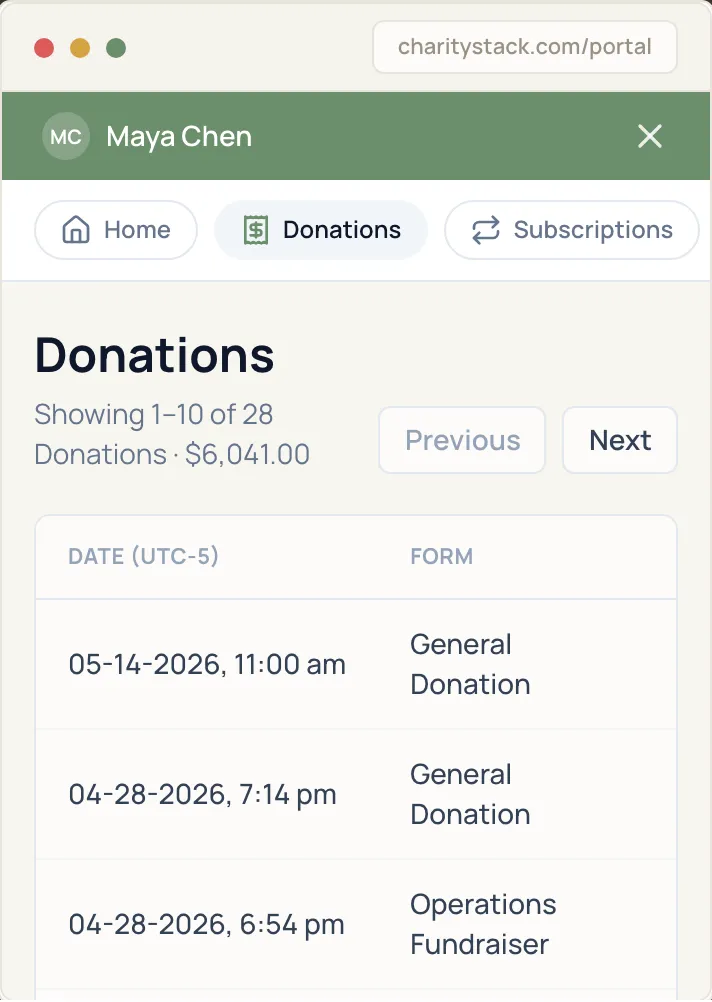 Donor Portal in CharityStack, on a phone